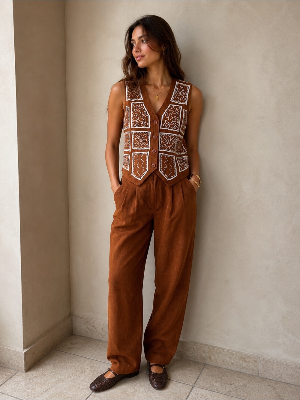 Vintage Embroidered Western Patchwork Leather Pant Vest Set